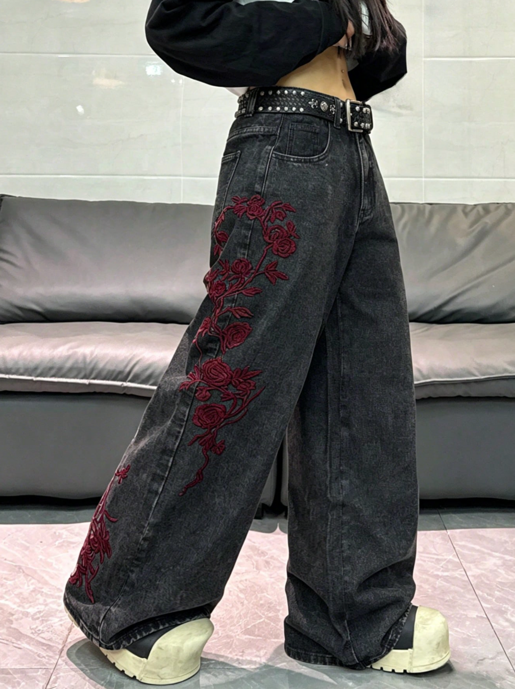 Dark red flowered jeans