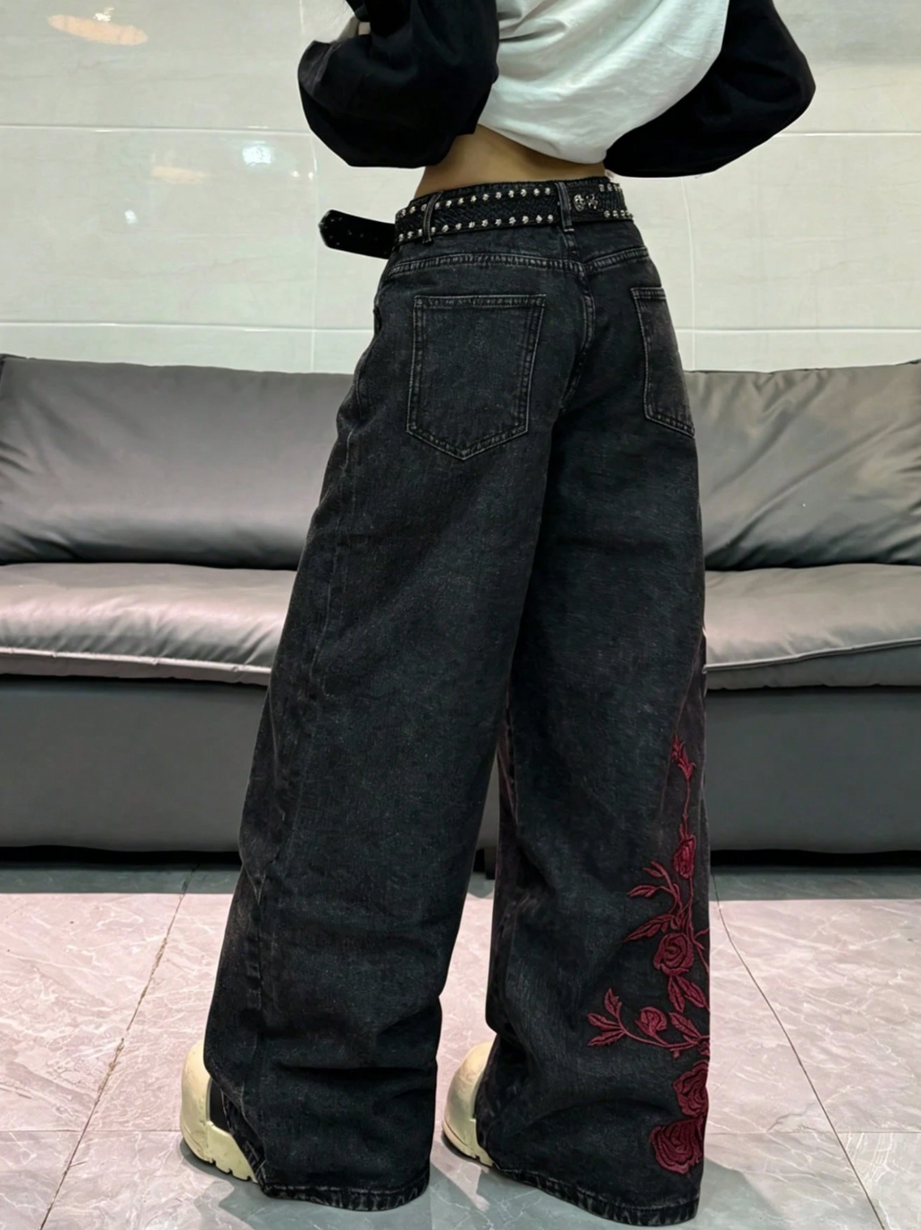 Dark red flowered jeans