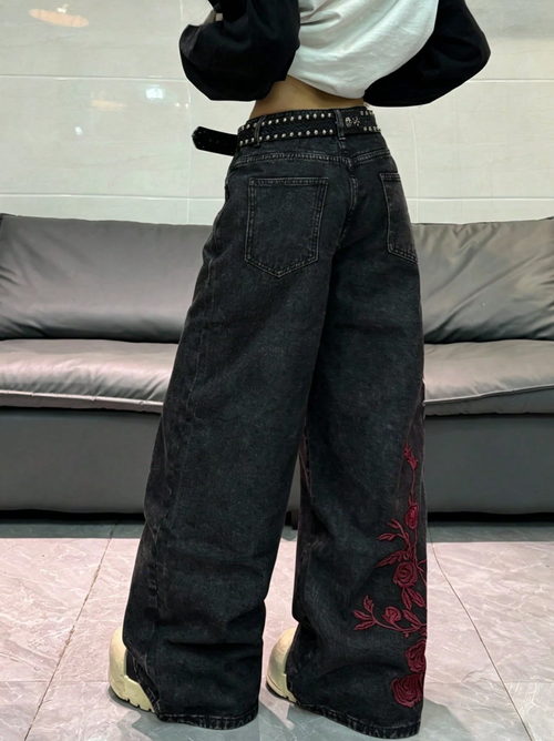 Dark red flowered jeans