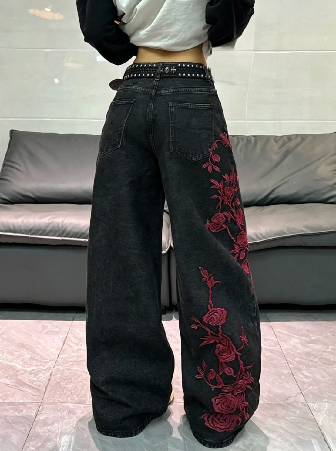Dark red flowered jeans